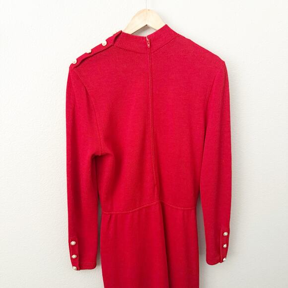 ST. JOHN | Red Knit Dress Pearl Button Vintage Sweater Mock Neck Long Sleeve | 8 - Picture 4 of 8